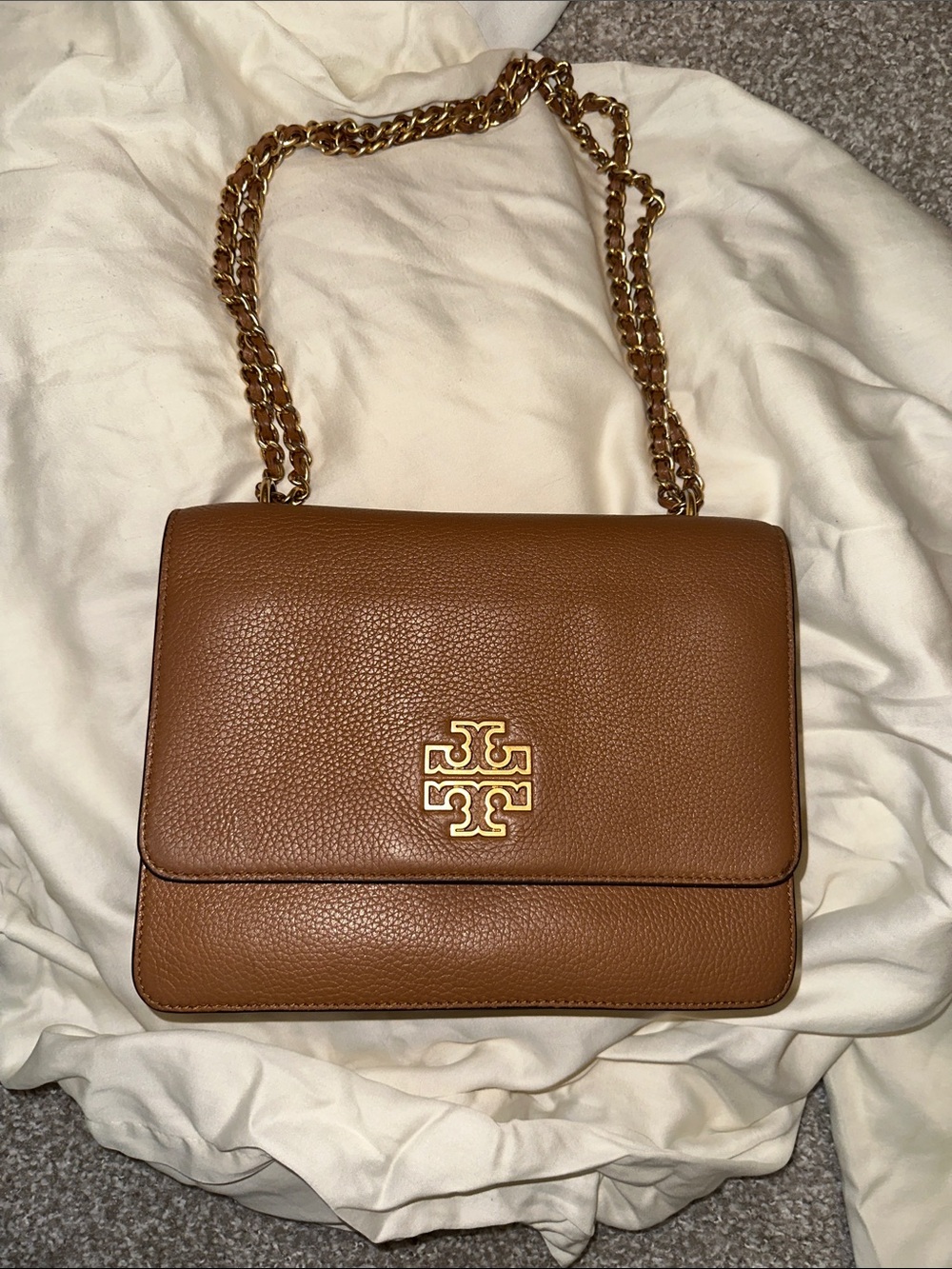 Tory Burch Tan Pebbled Leather Chain Shoulder Bag with Gold Logo
